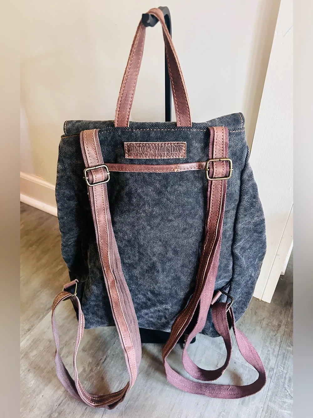 Vintage Addiction Cotton Canvas Leather Backpack Gray Brown Travel Rucksack
